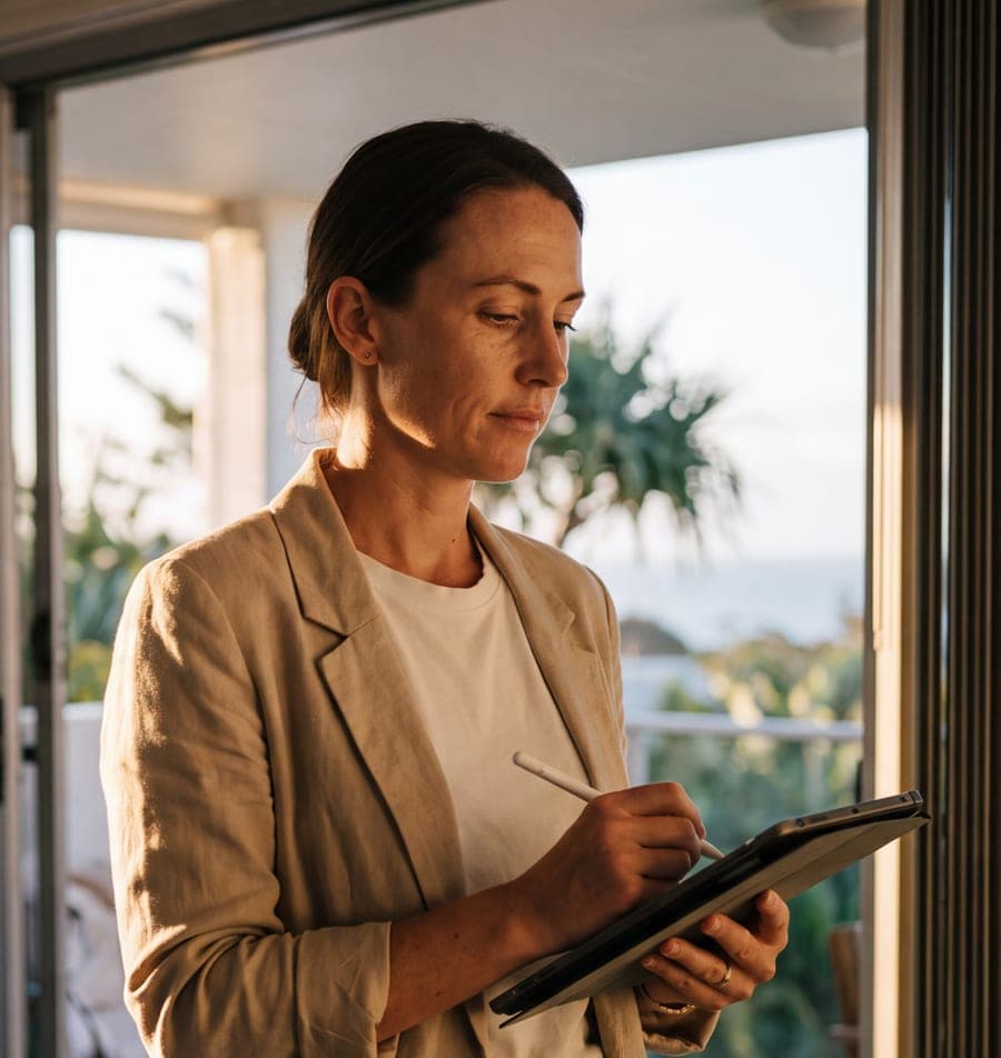 A woman in a linen blazer writes notes on a tablet with a stylus beside an open balcony door
